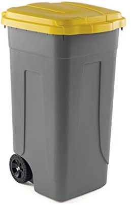 Mobil Plastic - Bidone Raccolta Differenziata 100L | Contenitore Rifiuti con Coperchio Giallo | Pattumiere Ecologiche per Casa e Ufficio - Corpo Grigio Resistente