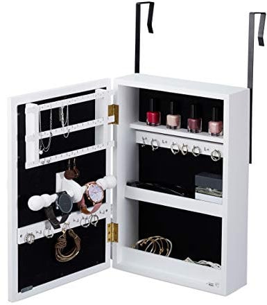 Relaxdays Schmuckschrank, hängend, Schmuckschränkchen mit Spiegel, für Ketten, Uhren & Ohrringe, HBT 40 x 28 x 9cm, weiß