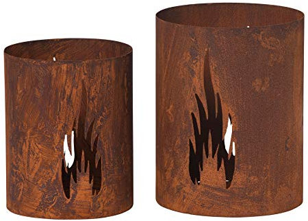 2er Set Windlicht Flammen H25cm H21cm Rost Laterne Garten-Deko Gartenleuchte Rostdeko Edelrost