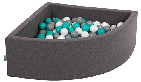 KiddyMoon Viertel Eckig Bällebad Bällepool 90X30cm/200 Bälle ∅ 7Cm Ballgruben Für Babys Spielbad Kleinkinder, Hergestellt In Der EU, Dunkelgrau:Grau/Weiß/Türkis