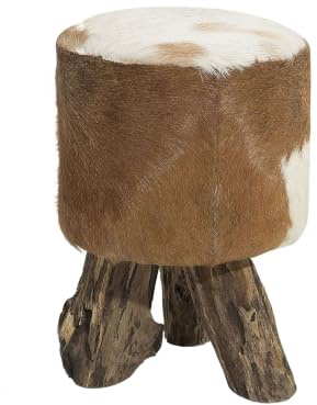 Beliani Sitzhocker Goldbraun Ziegenfell Teakholz 42 cm Boho-Stil Kent