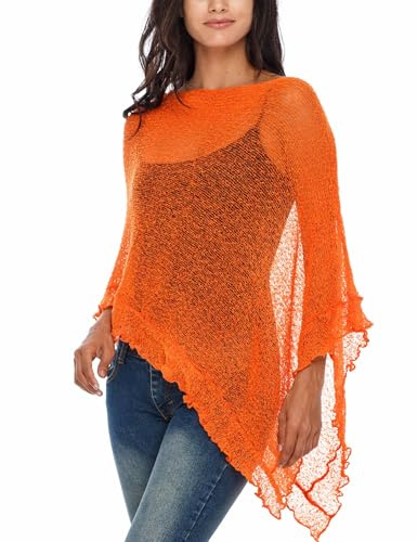 SHU-SHI - Sheer Poncho - Women - Lightweight, Knitted Ruffle Pullover - One Size - Bright Orange