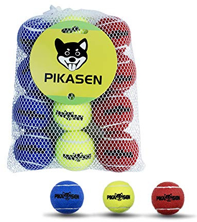 PIKASEN Quietschende Tennisbälle für Hunde, in 3 Größen, hochwertig, robust, für Training, Spielen, Übungen, für Hunde, Rot, Gelb, Blau, 12 Stück
