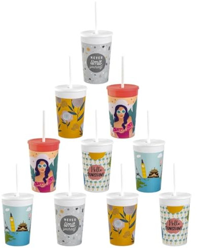 Engelland 10 x Kunststoffbecher mit Deckel und Strohhalm, BPA-frei, Bunte Mischung, Trinkbecher, Party-Becher, Plastik, Trink-Gläser, Mehrweg, 0,33 Liter