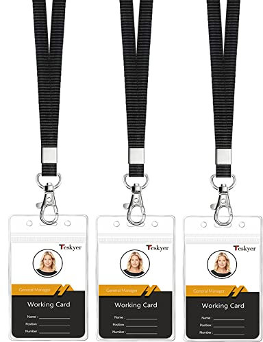 Teskyer 3 Pièces Porte Badge Tour de Cou, Porte Badge Transparent, Imperméable à l’eau, Plastique, Souple, avec Fermeture éclair Refermable, Noir