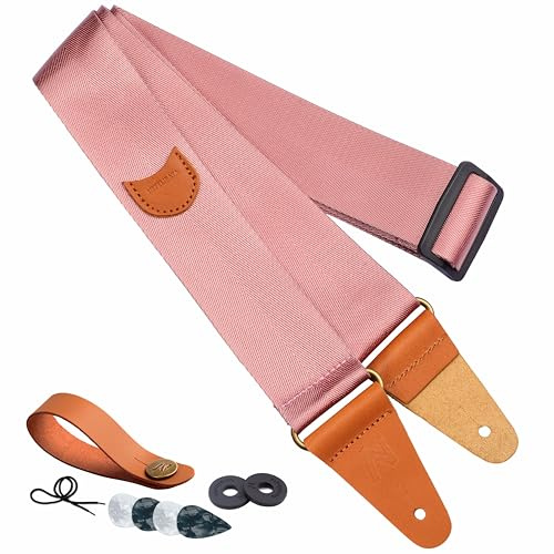 Nefelibata Gitarrengurt, Vintage Nylon Vollnarbenleder Gitarrengurte mit Plektrumtasche für Bass-, Elektro- & Akustikgitarre, mit kostenlosem Gurtknopf, 1 Paar Gurtschlössern und 4 Gitarrenplektren