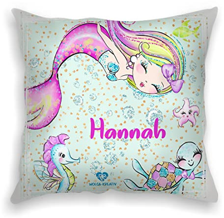 wolga-kreativ personalisiertes Kissen Meerjungfrau 40x40 cm – Kuschelkissen mit Namen & süßen Kindermotiven – Geschenk zur Geburt, Taufe & Geburtstag Bedruckt in Deutschland