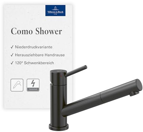 Villeroy & Boch Como Shower Küchenarmatur, Niederdruck, Wasserhahn Küche mit ausziehbarer Brause und 120° Schwenkbereich, Spültischarmatur wassersparend, Auslauf Höhe 120mm, Anthracite