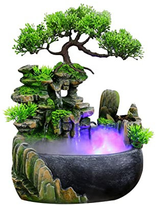 Zimmerbrunnen mit LED Beleuchtung Wasserfall Tischbrunnen Steingarten Desktop-Brunnen mit Nebel, Garten Harz Zen Light brunnen Geschenk Dekoration (28x15x20cm)