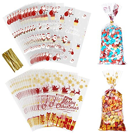 Anstore 120 Stück Plätzchentüten Weihnachten, Schneemann Cellophantüten 27x13cm Kekstüten Transparent mit 150er Twist Krawatten OPP Geschenktüten Weihnachten Durchsichtig Kleine Tüten für Süßigkeiten
