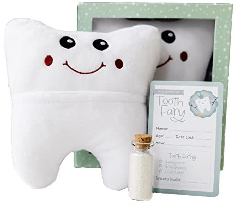 Zahnfee Kissen mit Quittungen und magischer Fee Glitzer für Jungen und Mädchen, 3-teiliges Set mit Aufhängemöglichkeit, Zahnfee-Kit Andenken Geschenk