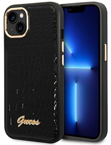 CG MOBILE Guess Handyhülle für iPhone 14 Plus in Schwarz Krokodilmuster PU Leder Schutzhülle & Anti-Scratch Case mit Zugänglichen Anschlüssen, Stoßdämpfung & Signatur-Logo