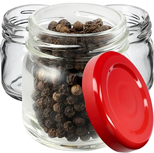 KADAX 20st Mini Gläser 40 ml mit Schraubdeckel fi 43mm, Einmachglas, Gewürzgläser mit Deckel, Sturzglas, Probiergläser, Marmeladengläser, kleine Honiggläser (20 Stück, Rot Deckel)