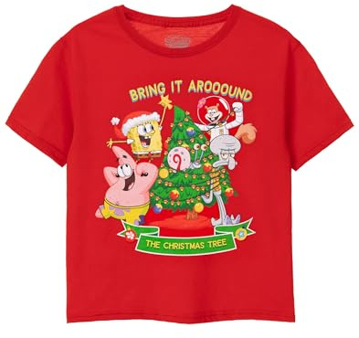SPONGEBOB SQUAREPANTS Kids Christmas T-Shirt | Boys & Girls Christmas Tree Short Sleeve Seasonal Graphic Tee | Patrick Squidward Sandy Gary Red Festive Top | Xmas Merchandise Gift