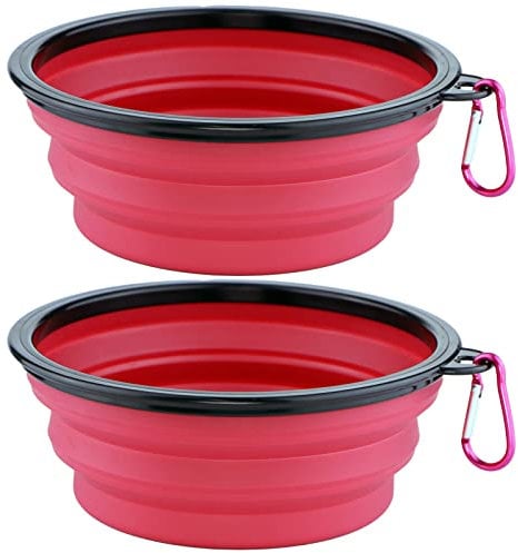 2pcs Collapsible Dog Bowls for Travel 1000ml - Dogs Water Bowl Silicone Food Bowls Foldable Expandable Puppy Dog Cat Pet Bowl with Carabiner (Pink)