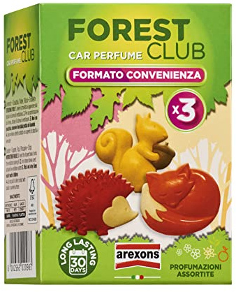 AREXONS Forest Club & Friends Tripack, Profumatore Auto | , Durata Fino a 30 Giorni, Confezione da Tre Animaletti, Fragranza Orange Sunrise, Vanilla&Tea, Pink Flowers, Made in Italy