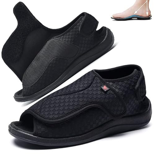 APLUSZ Chaussures Diabétiques pour Hommes Chaussons Orthopédiques Chaussure Bout Ouvert Ajustable Pantoufles Antidérapant Chaussures Large et Confortable pour Pieds Gonflés (Color : Black, Size : 45
