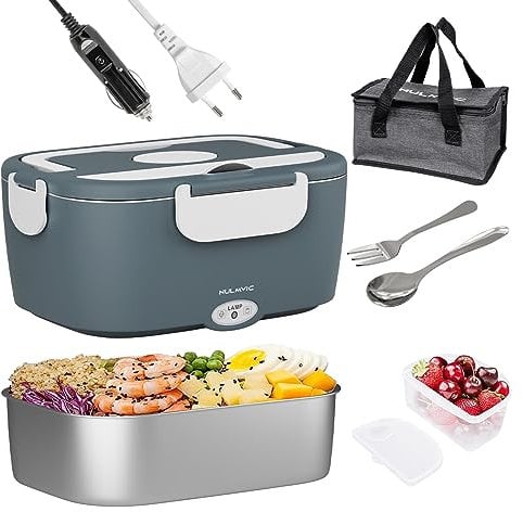 Nulmvic Gamelle Chauffante Électrique 75W: 1,5L Lunch Box Chauffante Électrique 12V/ 24V/ 220V Boîte Chauffante Repas 304 Acier Inoxydable pour Voiture Camion Bureau Travail (Bleu)