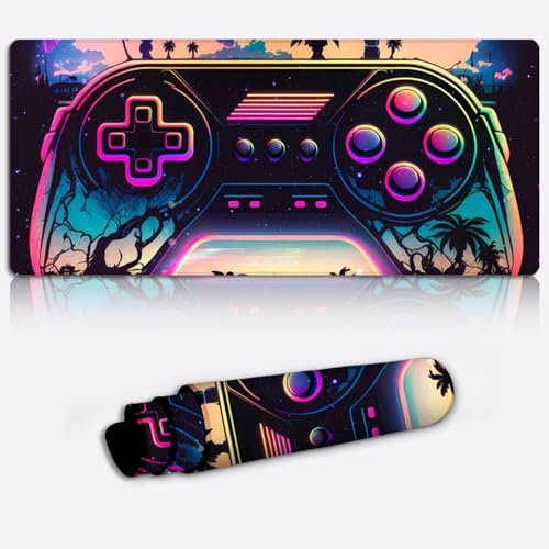 Synthwave Controller-Gaming-Mauspad, großes Mauspad, rutschfeste/Matte, leicht zu reinigen, Tastaturpad mit Wasserfestigkeit für Heimbüro, Arbeit, Spiel, 39,9 x 89,9 cm