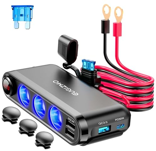 EUGIZMO 12V Car Cigarette Lighter Socket, 200W 3 Socke t Cigarette Lighter Plug Splitter Car Charger Adapter 12 Volt Socket Power Outlet Auxiliary with Eyelet Terminal (Red)