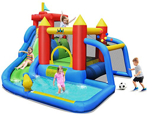 COSTWAY Kids Inflatable Water Park with Slide, Climbing Wall, Water Cannon, Splashing Pool, Blow up Bouncy Castle House for Summer Outdoor Play