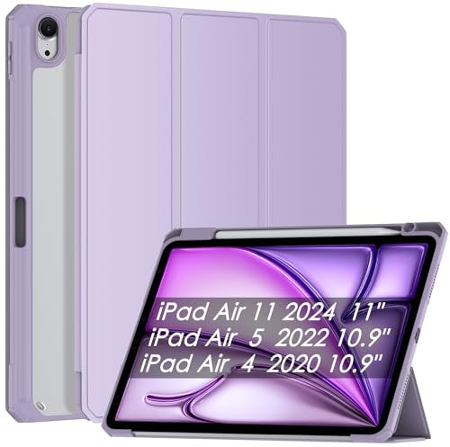 Mansiruyi iPad Air 11 inch Case M2 2024 with Pencil Holder iPad Air 5th Generation Case 2022/iPad Air 4th GenerationCase 2020 iPadAir 10.9 inchCase Hard Shell Stand Cover, Auto Sleep/Wake -Purple