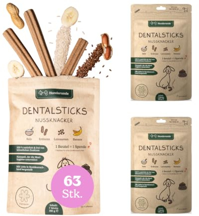 Hunderunde – Dental Sticks Nussknacker 21 STK – vegane Zahnpflege Kausticks für Hunde – mit Erdnuss & Banane – getreidefrei & ohne tierische Proteine – zur Plaque & Zahnsteinreduktion – Kausnack