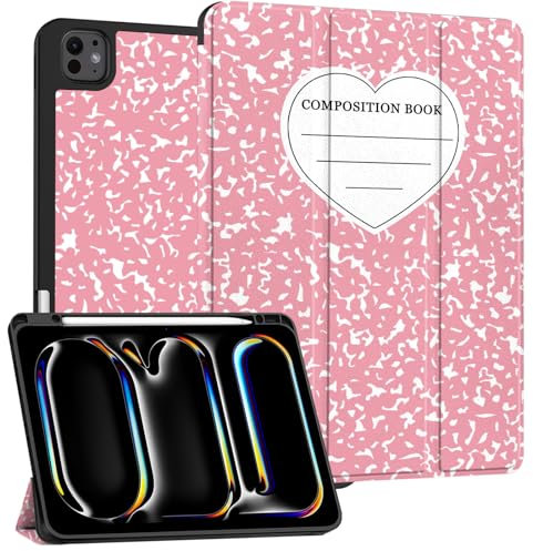 Cabreche Compatible with iPad Pro 13 Inch M4 Case 2024 with Pencil Holder TPU Back Case Auto Sleep/Wake Cover for Girls Women Men Cute Preppy Cool-Pink Heart Composition Notebook