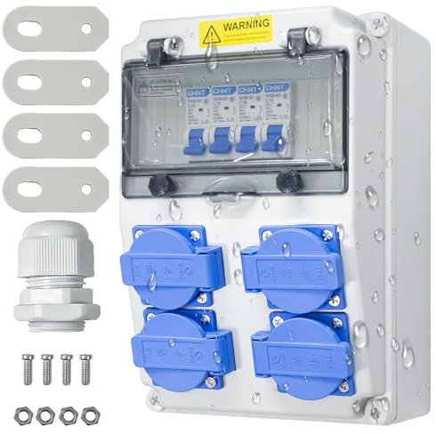 Baustromverteilerkasten 16A, 230 V Stromverteiler, Wandverteilerkästen IP65, FI Schalter Steckdose Aufputz, Starkstrom Verteiler, Aufputz Verteiler für Indoor/Outdoor-Bereich