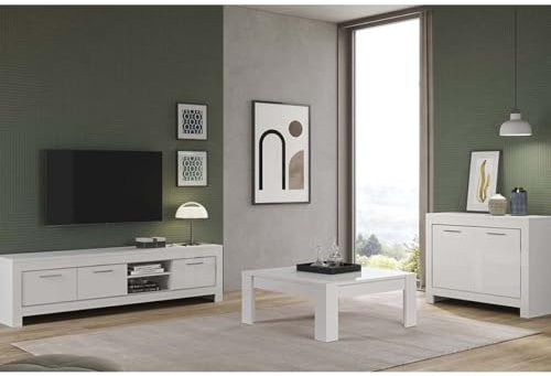 AltoBuy Denae - Ensemble Salon Laqué Blanc Brillant Meuble TV + Buffet 2 Portes + Table Basse Carrée