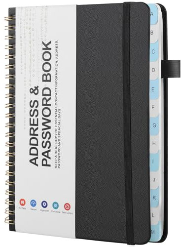 Thboxes Password Book & Address Book with Alphabetical Tabs, Black Spiral Telephone Book 100gsm Paper for Password and Address Management, 128 Pages, 7.7 X 5.5