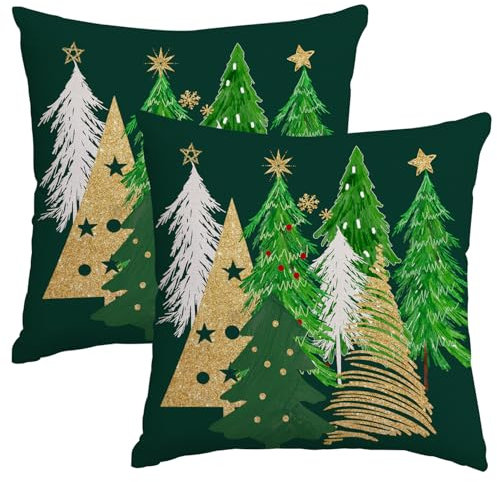 Miaikoe Set di 2 federe per cuscini natalizie, 40 x 40 cm, motivo albero di Natale, verde, decorative, per cuscini invernali, per divano, casa