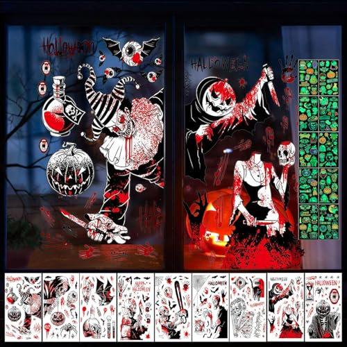 Betensh Deko Halloween Fensterbilder,19 Blätter Halloween Sticker, Halloween Deko Gruselig, halloween fensterdeko Horror Aufkleber, halloween deko fenster