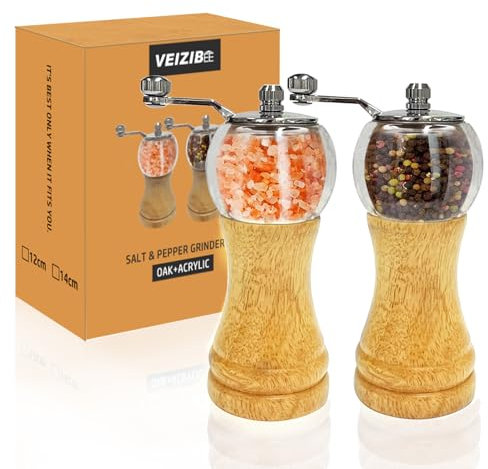 Moulins à sel et Moulin à Poivre, Moulin à Bois Massif Manuel pour Moudre le Poivre et le sel, Noyau de Broyage en Céramique avec Granulométrie Réglable, sel Moulu, Poivre, épices (Bois 2pcs-6in)