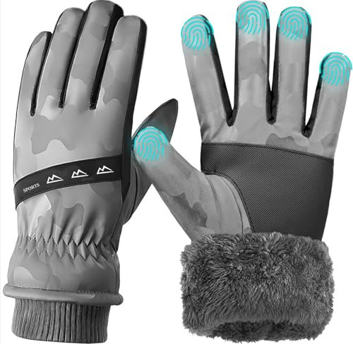 WUEAOA Handschuhe Herren Damen Winter,wasserdicht Warme Touchscreen Winterhandschuhe,Verdicktes Flusenfutter,für Schneeschaufeln,Radfahren,Laufen,Wandern,Skifahren,Hundespaziergänge,Grau M