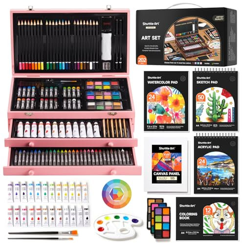 Shuttle Art 202 Piezas Maletin Pinturas, Estuche Pinturas con 4 Bloc de Dibujo, Lienzo, Pintura Acrílica, Lápices de Colores, Lápices de Cera, Pasteles, Kit Pintura para Niños Adultos, Rosa