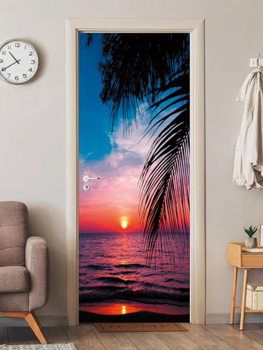 FLFK 3D Tropischer Sonnenuntergang Wohnzimmer Türtapete Wandbilder Selbstklebend Tür Poster Vinyl Entfernbar Mauer Aufkleber Zuhause Dekor 85X215CM