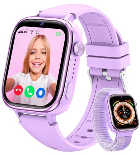 Minilandia Reloj Inteligente Niña 4G con GPS y Llamadas, Smartwatch SIM SOS, Chat, Videollamada, Modo Clase, IP68, Podómetro - Regalo para 4-12 Años, Violeta