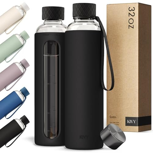 KIVY Glas-Wasserflasche mit Silikonhülle, 900 ml, Borosilikatglas, Schraubverschluss, schwarze Wasserflasche, ästhetisch, transparente Flaschen mit Messmarkierung