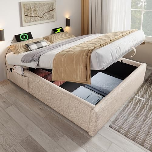 Dolamaní Polsterbett 140x200 cm ohne Kopfteil Bett mit Struraum, Struraumbett Doppelbett Bettgestell mit Vollflächiger Lattenrost, Leinen, Funktionsbett Ohne Matratze (Natürlich)
