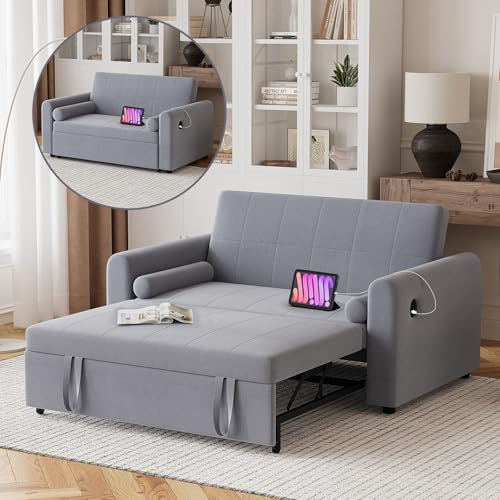 Hello-5ive 2 Seater Sofa Bed, 3 in 1 Convertible Corner Sofa Bed with USB & Type-C Ports, Pull Out Linen Double Sleeper Chair with Pocket and Adjustable Backrest for Living Room, Dark Grey