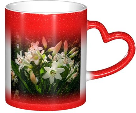 BWWHCCTI Farbwechselnde Kaffeetassen mit blühenden Lilien, magische Tasse, Keramik, wärmewechselnde Tassen, 325 ml, Rot