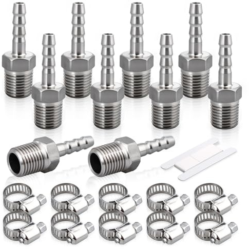 Bwintech 10 pezzi raccordi a barra in acciaio inox, 1/4 “BSP maschio x 6MM connettore a barra con 10 pezzi morsetti, raccordi a barra adattatore per aria, carburante, acqua, olio