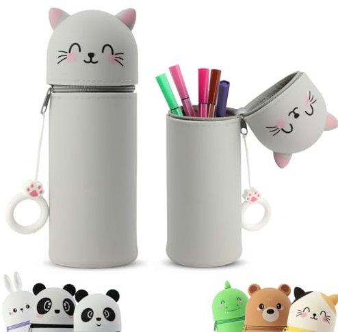 MHwan Trousse Kawaii Animaux 2 en 1 en Silicone, Poignée Mignonne et Confortable, Facile à Transporter et à Accrocher, Porte-Stylo (Chat)