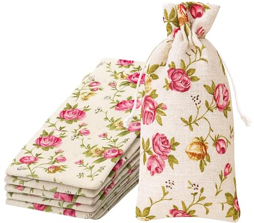 Mandala Crafts 9X12 Inch Rose Burlap Drawstring Gift Bags for Favors - 20 Large Floral Linen Sacks Gift Pouches for Candy, Coffee, Jewelry, Wedding, and Party Supplies