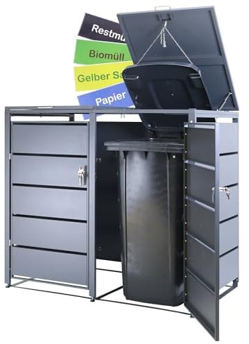 Albatros Mülltonnenbox 2er Tonne | bis 240 Liter | Anthrazitgrau RAL 7016 | verzinkter Stahl | Premium Dämpfer| Aufkleber-Set | wetterfest| verstellbare Füße| Türgriff mit Schloss | Gartenbox