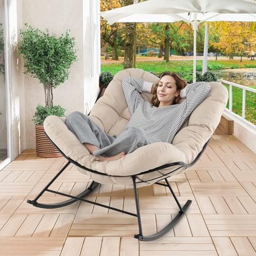 GIANTEX Chaise a Bascule Surdimensionnée, Fauteuil a Bascule en Forme d'Oeuf avec Coussin Epais, Rocking Chair, Charge 205 kg, Cadre en Métal, pour Salon, Balcon, Jardin, Terrasse, Beige