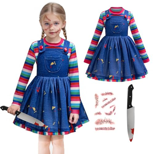 nezababy Chucky Costume Kids Girls Toddler Chuckie Outfit Top Dress Creepy Doll Clothing Scary Halloween Cosplay Killer Dress Up (120-130cm(8-9T))