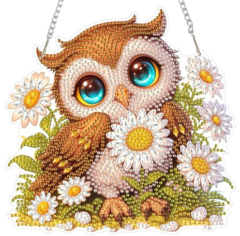 DAERLE Diamond Art Hanging Ornaments for Adults, Floral Owl, Diamond Painting Kits Cute Owl, Special Shaped Crystal Gem Art Pendent Kits for Home Window Door Wall Decor