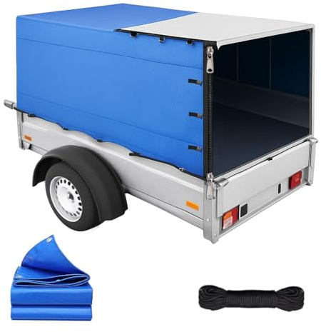 Anhänger Hochplane, Allwetter-langlebiger Trailer Cover mit Seil, 600d Oxford-Gewebe Abdeckplane Anhänger Abdeckung Plane für 750kg PKW Hänger (Mit Reißverschluss hinten)